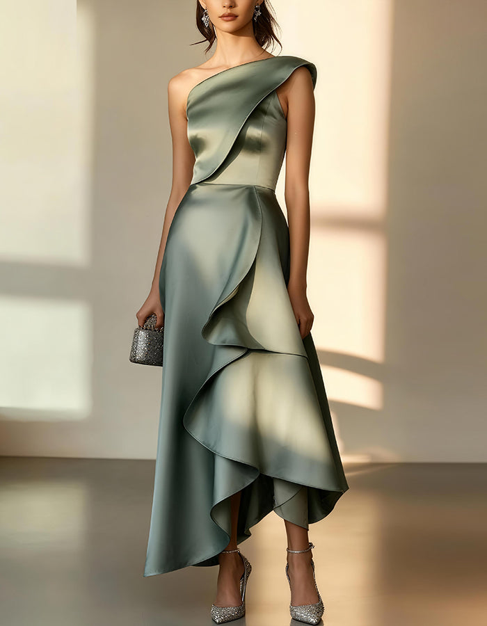Elegant Satin One-Shoulder Gown with Asymmetric Ruffle