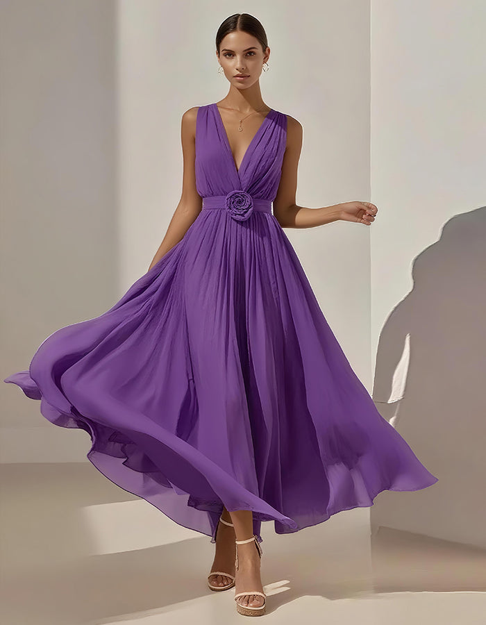 Romantic Pleated Chiffon Midi Dress with Floral Waist