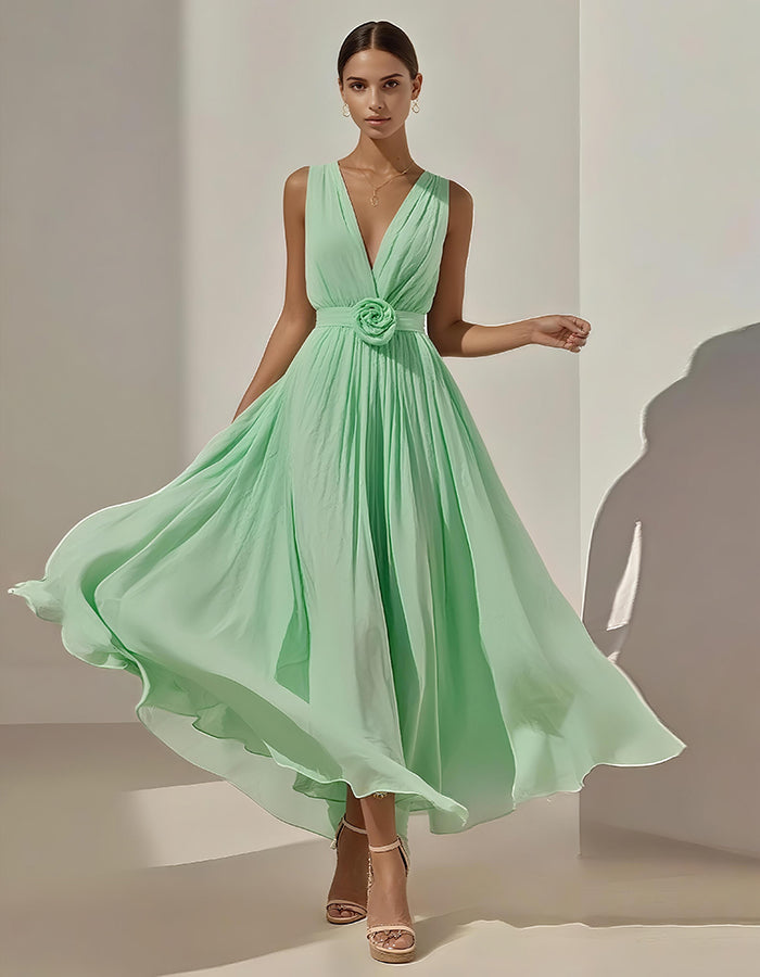 Romantic Pleated Chiffon Midi Dress with Floral Waist