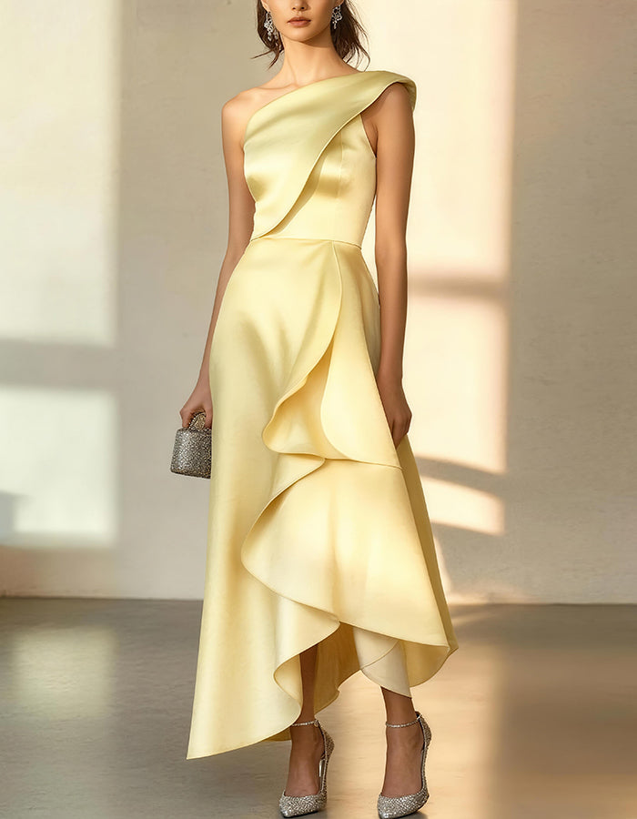 Elegant Satin One-Shoulder Gown with Asymmetric Ruffle