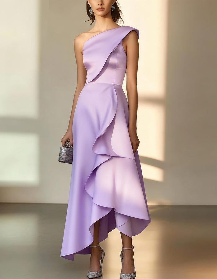 Elegant Satin One-Shoulder Gown with Asymmetric Ruffle