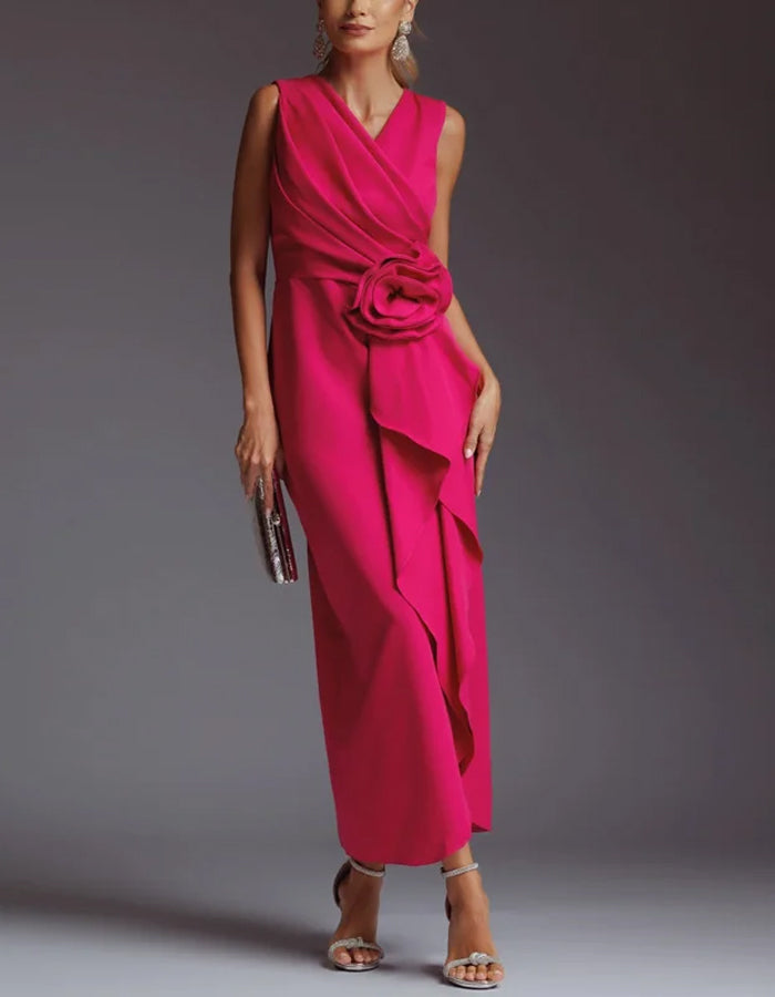 Elegant Satin Midi Dress with Draped Bodice and Floral Waist