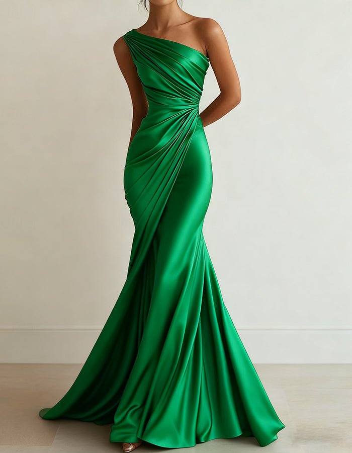 One-Shoulder Stretch Satin Pleated Maxi Dress