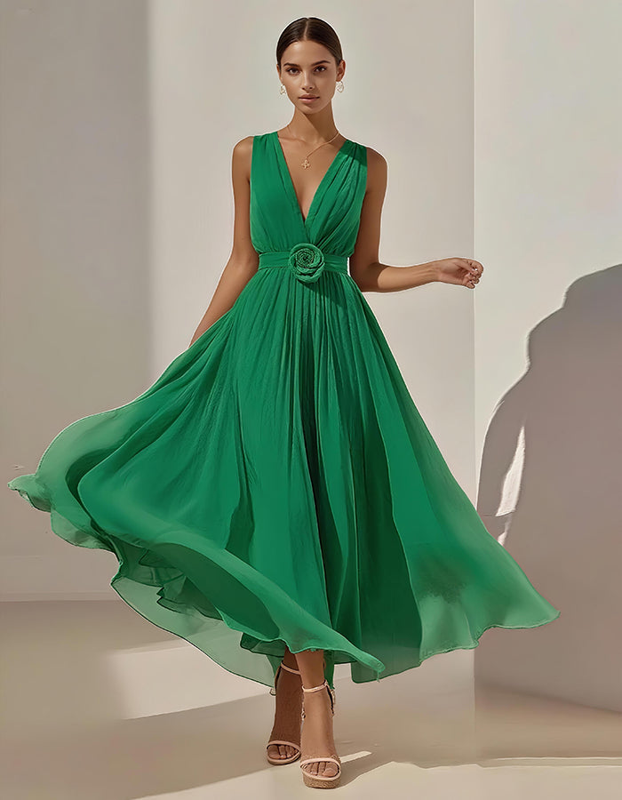Romantic Pleated Chiffon Midi Dress with Floral Waist