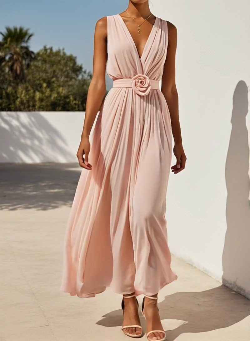 Romantic Pleated Chiffon Midi Dress with Floral Waist