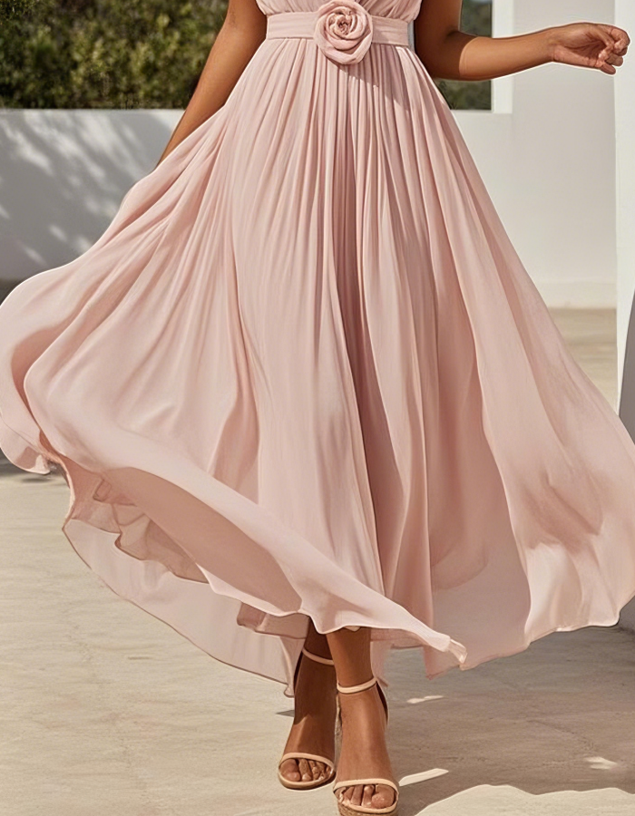 Romantic Pleated Chiffon Midi Dress with Floral Waist