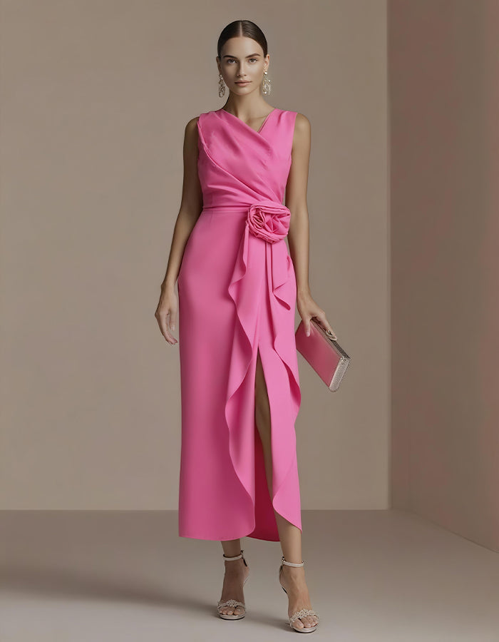 Elegant Satin Midi Dress with Draped Bodice and Floral Waist