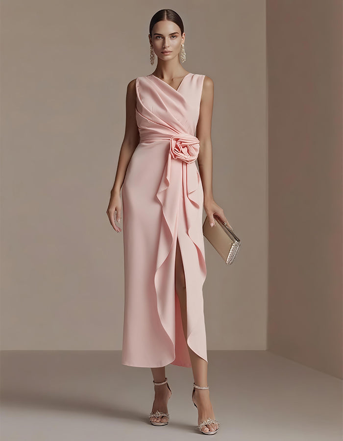 Elegant Satin Midi Dress with Draped Bodice and Floral Waist
