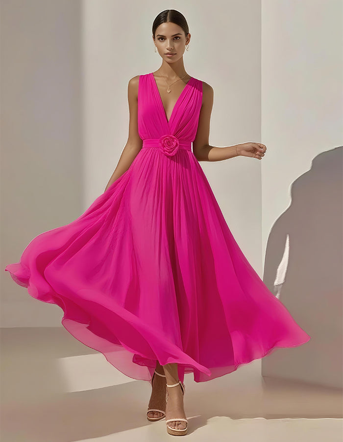 Romantic Pleated Chiffon Midi Dress with Floral Waist