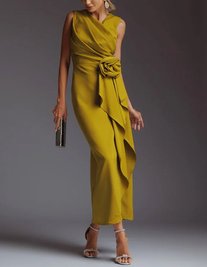 Elegant Satin Midi Dress with Draped Bodice and Floral Waist