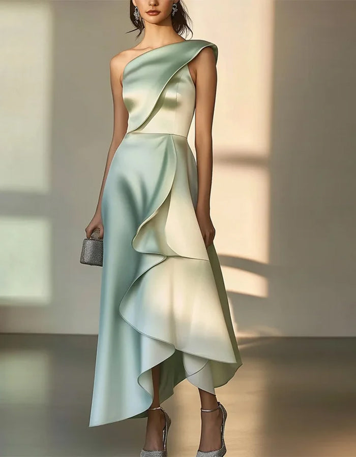Elegant Satin One-Shoulder Gown with Asymmetric Ruffle