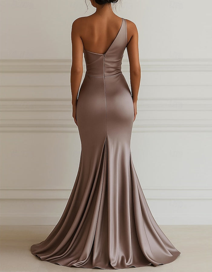 One-Shoulder Stretch Satin Pleated Maxi Dress