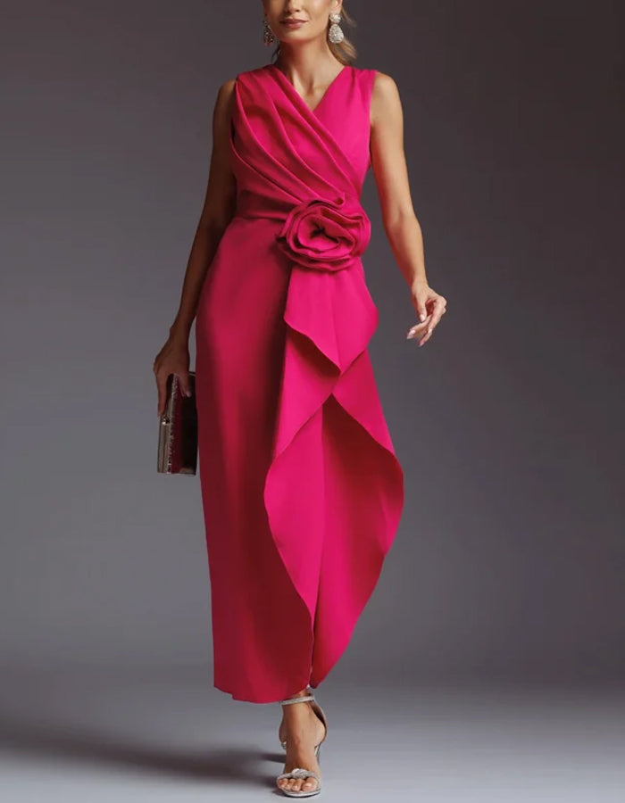 Elegant Satin Midi Dress with Draped Bodice and Floral Waist